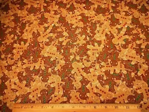 Christmas Fabric Half-Yard Brown Tan Gingerbread Men Metallic Silver Cotton 52 C - Picture 1 of 2