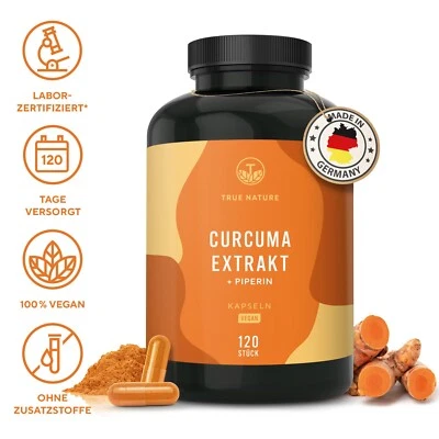 Kurkuma Extrakt Kapseln Vegan + Piperin, Curcumin 4 Monate Vorrat - TRUE NATURE® - Bild 1 von 4