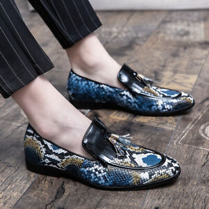 Mens Snakeskin Print Tassel Pump Loafers Pointed Toe Party Gommino Shoes Slip On