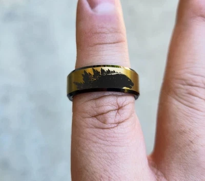 Engraved Tungsten Godzilla Silhouette Minimalist Beveled Edge Ring - 8mm - Image 1 of 2