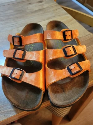 Unisex Swirl Orange Leather Slides Papillio By Birkenstock Ladies Sz 11 / Mens 9 - Image 1 of 4