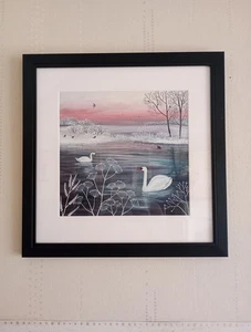 Swans on Lake Medium 45cmx45cm Black Framed Print. Ex Shop Stock. - Picture 1 of 7