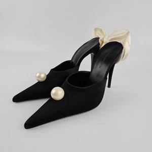 MAGDA BUTRYM $1125 Black Satin Pointed Flower 110mm Mules New - Picture 1 of 11
