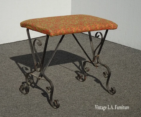Vintage Spanish Style Black Scrolled Metal Bench w Red & Green Fabric Cover