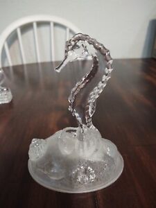 Clear Glass Seahorse Frosted Base With Shells 6 Inch Tall