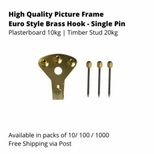 Brass Picture Hook, Euro Style, Triple Pin, 34kg Capacity - Picture 1 of 4
