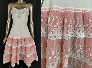 Vintage Schiesser German White Nylon Pink Organza Lace Fit & Flare Slip Dress - Bild 1 von 3