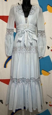 Vintage 70s Gunne Sax Dress 7 Blue Corset Bodice Lace Floral Puff Angel Prairie - Image 1 of 4
