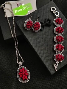 Set Of Handmade Palestinian Embroidery Necklace Earring Barcelet Red Black   - Picture 1 of 1