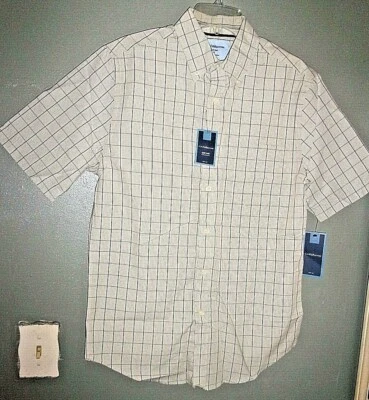 NWT Men's S Short Sleeve Croft & Barrow Button Front Shirt Beige Blue Check $30 - Image 1 of 4