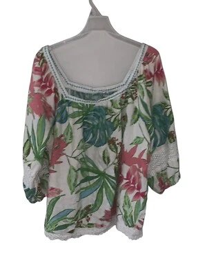 Nicole Miller Women Linen Blend Floral Square Neck 3/4 Sleeve Blouse Size 1X - Image 1 of 4