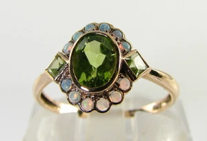 DAINTY 9K 9CT ROSE GOLD PERIDOT & OPAL ART DECO INS CLUSTER RING FREE RESIZE - Picture 1 of 5