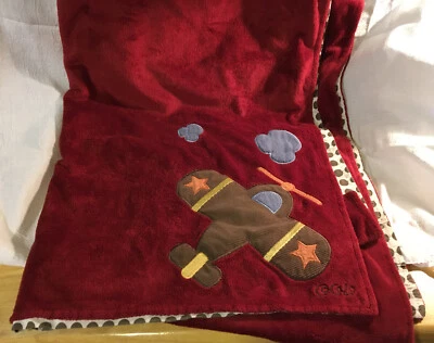Cocalo Airplane Plane Baby Blanket Dark Red Brown Polka Dots Velour Soft Cream - Image 1 of 3