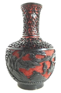 Antico vaso cinese ottone laccato figure nere fondo rosso smaltato verde perfect - Foto 1 di 6