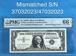 1957 $1 Silver Certificate Mismatched Serial Number Error PMG 66 EPQ GEM UNC - Picture 1 of 2