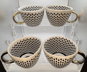 Old Pottery Co. Black & White Raindrop Free Form Ceramic Coffee Cups Gold Handle - Picture 1 of 7