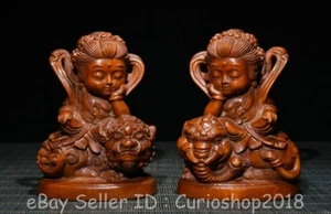 4" Old China Boxwood Wood Carved Manjushri Samantabhadra Bodhisattva Statue Pair - Picture 1 of 9