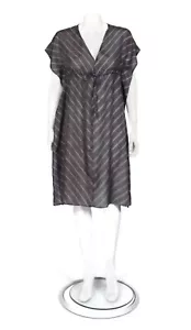 MATTA Gray Watercolor Striped Silk Semi-Sheer Sundress with Drawstring Waist 542 - Picture 1 of 7