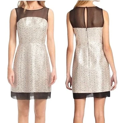 New Shoshanna Metallic Foil Herringbone Tweed Sheer Yoke Sleeveless Dress Size 8 - image 1 of 4
