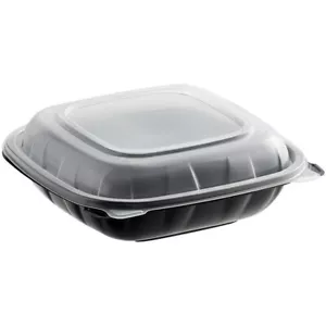 8" x 8" x 3" Microwaveable 1-Compartment Black / Clear Plastic Hinged Container - Picture 1 of 4