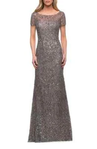 La Femme Silver Sequin Short Sleeve Beaded Sequin Sheath Gown Size 14 $535 - Picture 1 of 4
