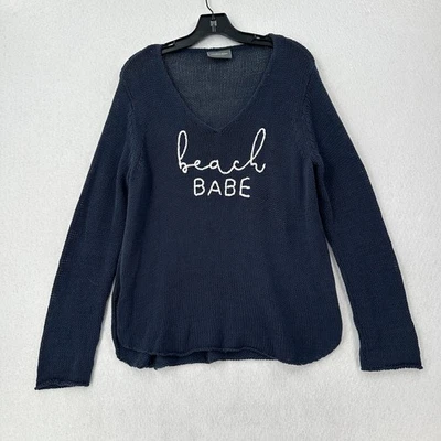 Wooden Ships Cotton V-Neck Blue Beach Babe Loose Knit Sweater Sz M/L - Image 1 of 4