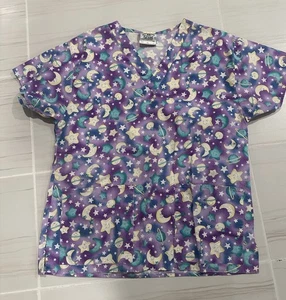 Nurse Scrub Stars Crescent Moons Size Medium Crest Cottons V-Neck Purple Uniform - Picture 1 of 4
