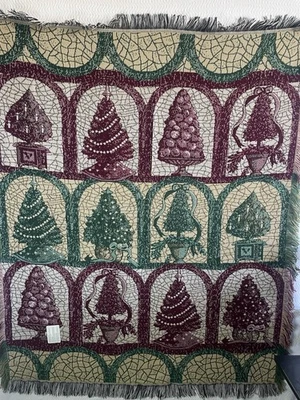Vintage Fringed Christmas Tree Tapestry Throw Blanket 35"x44" Stained glass - Image 1 of 4