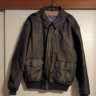 Vintage Guinine Leather Flight Jacket Airborne USA Flag. Size XL - Image 1 of 4