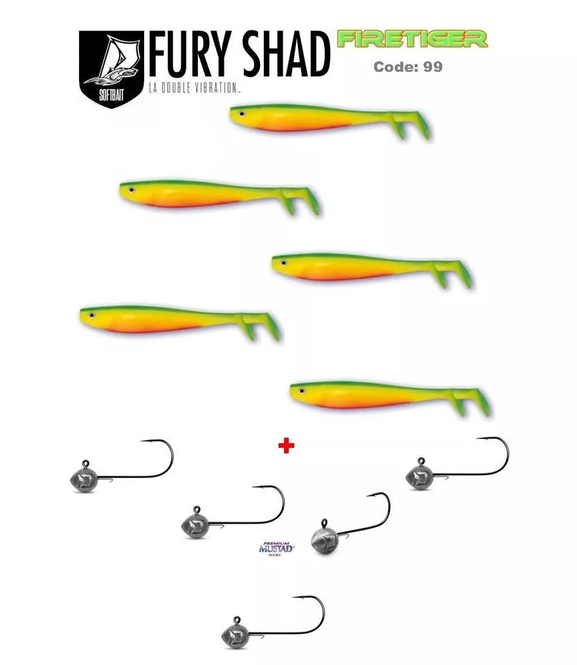 5+5 SET DELALANDE Fury Shad 11 cm Firetiger + Mustad  Jig Haken 7,5g - Bild 1 von 1