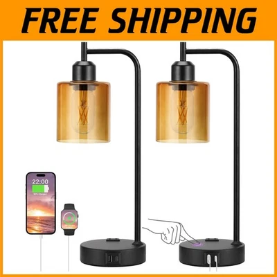 Set of 2 Industrial Touch Nightstand Lamps with USB Ports - Image 1 of 4