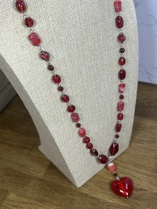 Long Red Glass Bead Large Heart Pendant Necklace Vintage Chunky Chain Link 122 - Picture 1 of 20