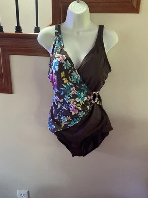 Traje de baño Jantzen Surplice Maillot de una pieza marrón envolvente floral parte inferior completa talla 16 Foto 1 de 4