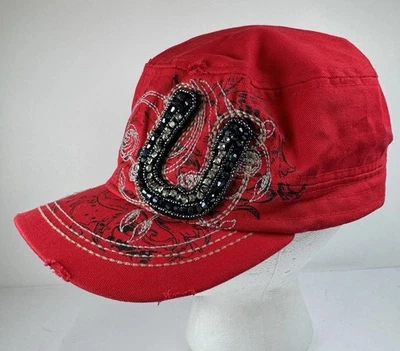 Leader LOGA Rhinestone Horseshoe Cadet Hat Red Distressed Retro Y2K - Image 1 of 4