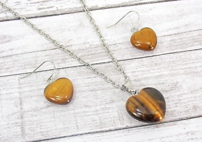Juego de pendientes collar colgante corazón piedra ojo de tigre genuino marrón ojo de tigre NUEVO Foto 1 de 4