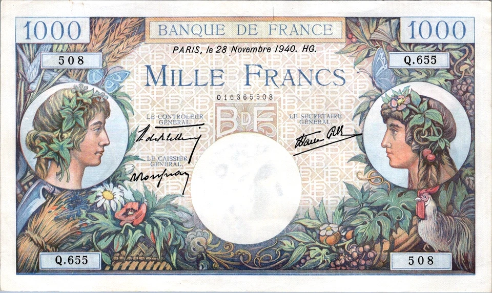 France 1000 Francs 1940 Pick # 96b - Image 1 of 3