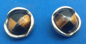 Pendientes redondos de plata de ley 925 Taxco ojo de tigre e incrustación de ónix negro únicos - Imagen 1 de 4