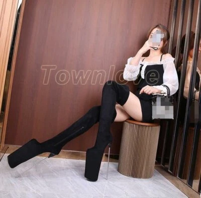 Womens Black Metal Stilettos 11.81in Heels Thigh High Boots Platform Club  - Image 1 of 4