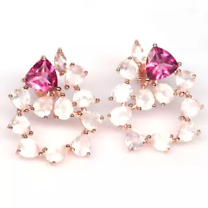 Gemma Rosa Topazio Mistico & Rosa Quarzo Rosa Orecchini 925 Argento Sterling - Foto 1 di 4
