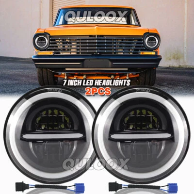 Pair 7" Inch Round LED Headlights Halo Angel Eyes Hi/Lo For 1963-1978 Chevy Nova - Image 1 of 4