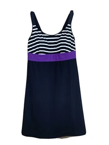 Lands' End Sz 2P Dresskini Swim Dress Tankini Top Black Stripe Purple - Picture 1 of 8