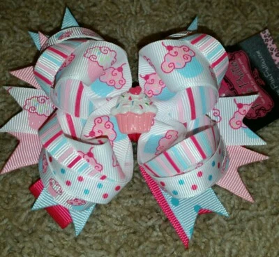 Happy Birthday Cupcakes & Sparkles in Pastel Colors Boutique Hairbow Bow/Clip - Image 1 of 4
