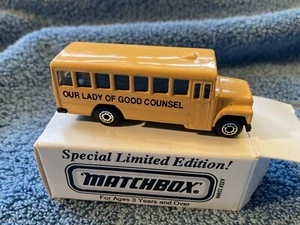 Vintage Matchbox Yellow School Bus "Our Lady of Good Counsel" 1:95 Scale MIB - Picture 1 of 8