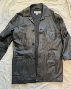 Jhane Barnes Menswear Soft Leather Coat Jacket Size 38 Black Button Up - Picture 1 of 18