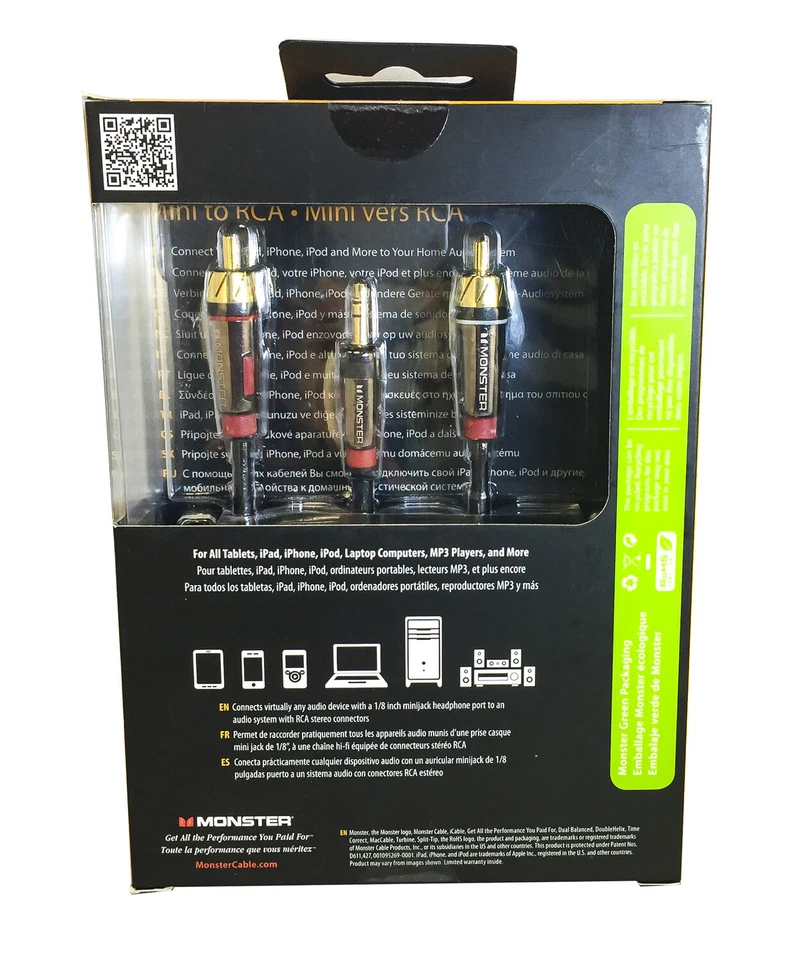 Monster Cable iCable 1000 Stereo Mini to RCA Cable for iPod, iPhone, Smartphones