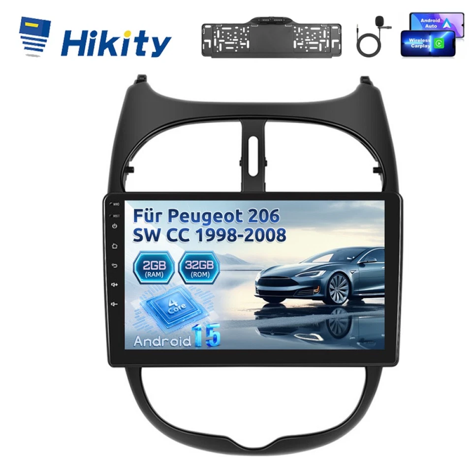 Kabellos CarPlay Android Radio Für Peugeot 206 SW CC 1998-2008 GPS Navi WIFI RDS - Bild 1 von 4