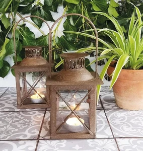 Antique Rust Small Lantern, Metal Glass Candle Tea Light Holder Rustic Votive - Picture 1 of 1