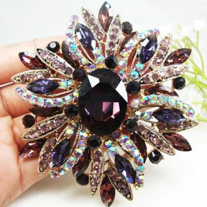 New Vintage Style Gorgeous Purple Flower Gold-tone Brooch Pin Rhinestone Crystal - Picture 1 of 5