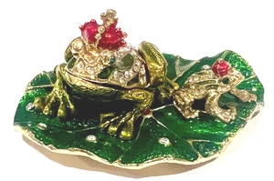 Bejeweled Frog King Prince on Lotus Hinged Metal Enameled Rhinestone Trinket Box - Picture 1 of 11