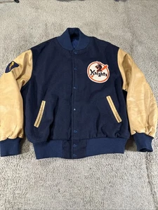 Ebbets Knights Varsity Jacket Men Navy Tan Wool Leather Baseball Lightning Patch - Picture 1 of 23